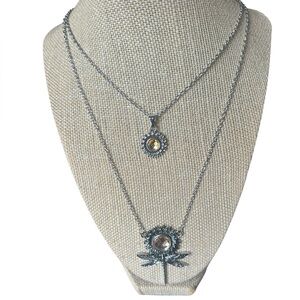 Boho Double Chain Sunflowers and Dragonfly Silver Necklace